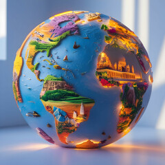Global travel media concept with a world globe featuring travel images, isolated on a white background