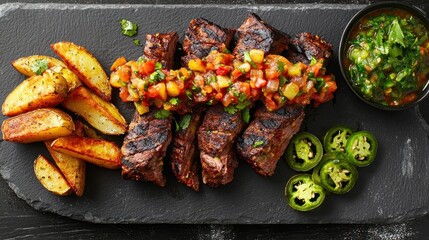 Grilled steak bites with colorful relish paired with roasted potatoes and jalapeño slices on stone slab