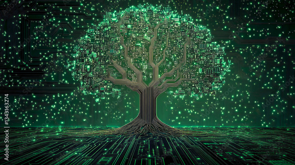 Aufkleber a stylized representation of a tree integrated into an electronic circuit. the tree is located in th