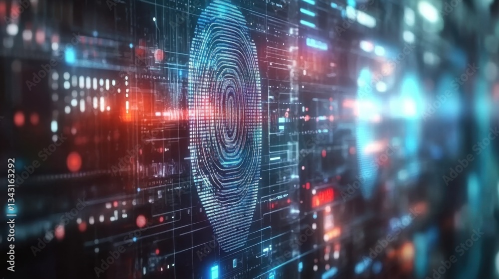 Poster smart fintech interface with biometric login and digital id verification.