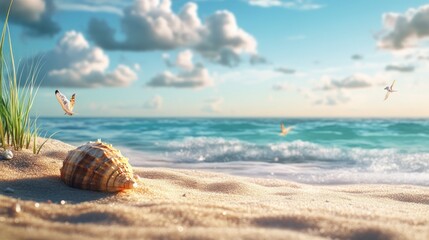 Obraz premium Seashell on Sandy Beach with Waves, Butterfly, and Birds in Sky