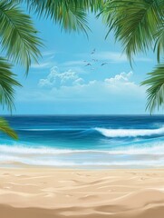 Fototapeta premium Tropical Beach Scene with Palm Trees Ocean Waves and Blue Sky