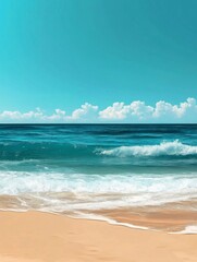 Ocean Waves Crashing on Sandy Beach with Blue Sky and Clouds