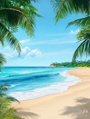 Obraz premium Relaxing Beach Scene with Palm Trees, Blue Ocean, and Sandy Shore