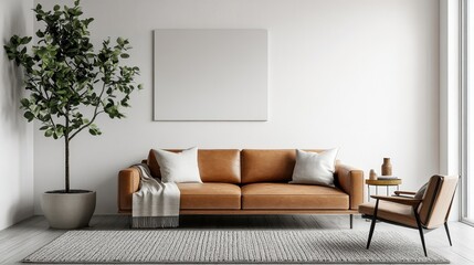 Fototapeta premium Modern minimalist living room with leather sofa and indoor plant in natural light