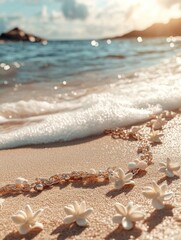 Gold Chain and White Flowers on Sandy Beach with Ocean Wave