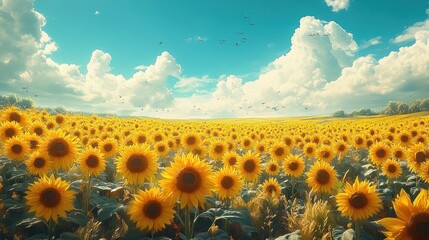 Obraz premium Sunflowers blooming in vast field, birds flying, sunny sky, summer landscape, idyllic nature scene