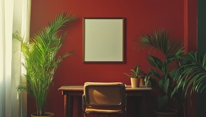 Warm, minimalist home office with plants