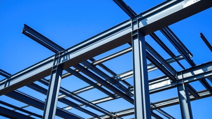 Steel trusses and girders forming the skeleton of an industrial building in progress.