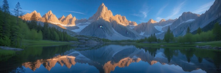 Alpine lake reflection: majestic peaks mirroring over tranquil waterscape at sunrise panorama