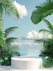 Obraz premium Tropical Palm Leaves Framing White Podium Overlooking Ocean and Sky
