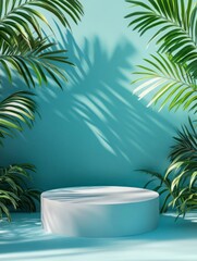 Obraz premium Stylish Podium Surrounded by Palm Leaves and Shadows for Product Display