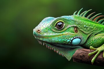 Obraz premium Green Iguana Portrait Close up of a Vibrant Reptile on a Branch