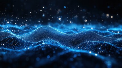 Glowing blue abstract wave patterns with sparkling particles in motion