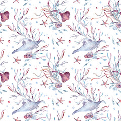 Soft watercolor ocean seamless pattern of sea creatures, corals, starfish, and stingrays hand drawn in pastel tones isolated. Repeated aquatic background for fabric, stationery, home marine decor.