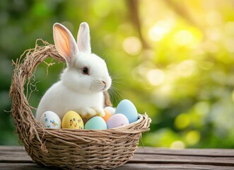 White Rabbit in Basket with Easter Eggs on Wooden Table Outdoors