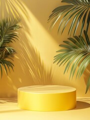 Fototapeta premium Yellow Product Display Podium with Palm Leaf Shadow and Sunlight