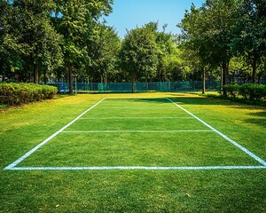 Empty sports field on lawn, surrounded by trees