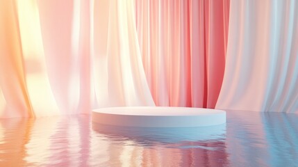 Pastel Product Display Podium Amidst Drapery, Sunlight Streaming Through