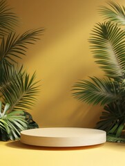 Obraz premium Elegant Product Display Podium Surrounded by Tropical Palm Fronds and Leaves