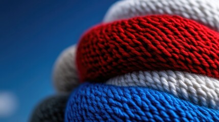 Close-up of colorful knitted fabrics stacked, showcasing texture and vibrant hues