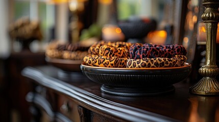 Fototapeta premium Leopard print headbands displayed on antique console, candles background, home decor