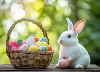 White Rabbit with Easter Eggs in Basket Outdoors for Holiday Celebration