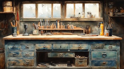 Fototapeta premium Rustic workshop workbench, tools, window, daylight, craft