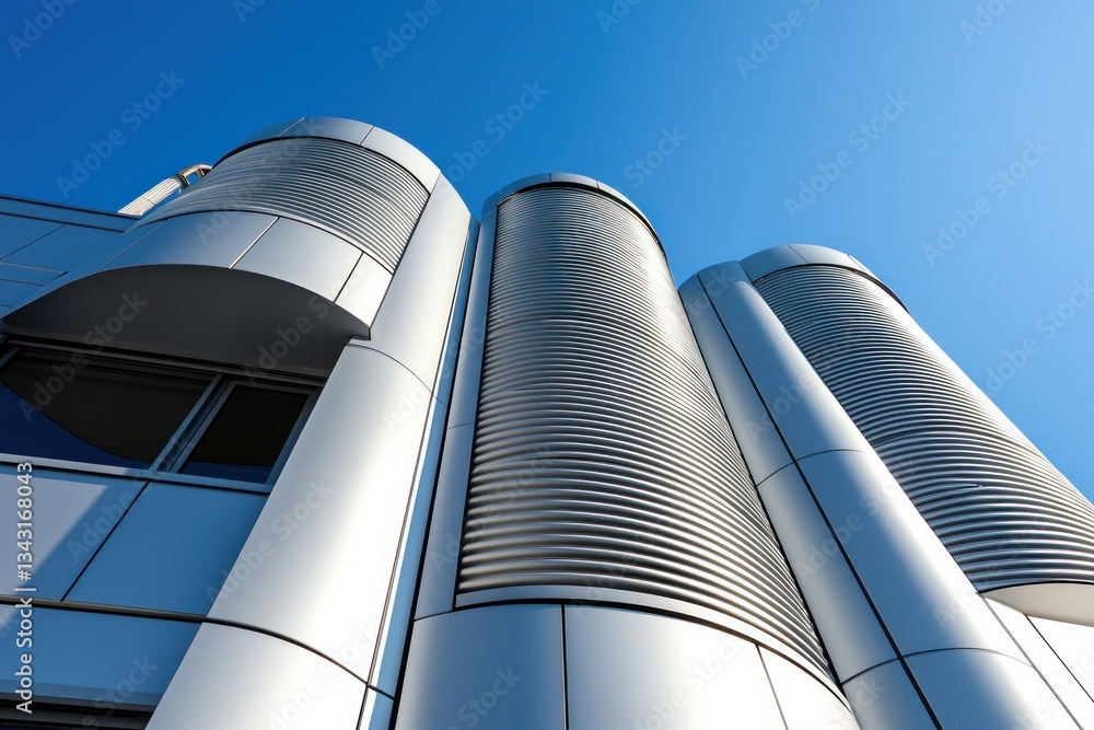 Poster modern architecture silver building facade with cylindrical structure and blue sky captured from bel
