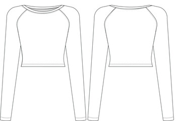 round raglan neck long sleeve cropped crop blouse top template technical drawing flat sketch cad mockup fashion woman design style model 

