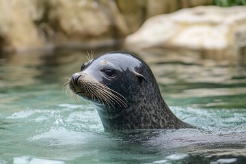 Obraz premium Seal swimming pool, zoo enclosure, rocks background, wildlife portrait, nature image