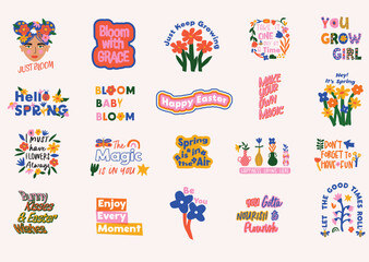 Set spring and easter theme, flowers and positive quotes stickers design. Colorful cute hand drawn typography and floral illustrations. Perfect for T-shirt design Cards, Poster, Greeting card. 