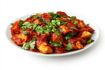 Fototapeta premium Delicious Homemade Chicken Tikka Masala with Fresh Cilantro on White Plate Food Photography