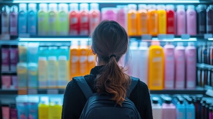 Female shopper browsing colorful hair products in store aisle