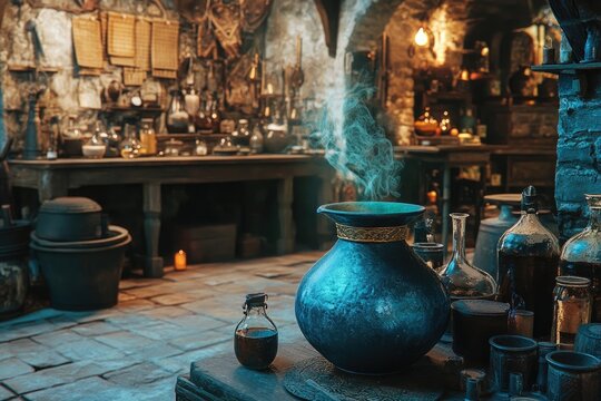 A magical potion brewing in an old alchemist shop