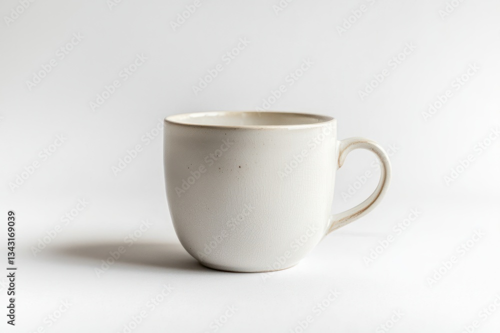Poster elegant stoneware mug with crackle glaze on white neutral backdrop in soft morning light minimalist 