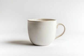 Fototapeta premium Elegant stoneware mug with crackle glaze on white neutral backdrop in soft morning light minimalist style