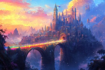 Obraz premium A fantasy castle on a mountain with a rainbow bridge