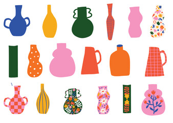 Colorful hand drawn abstract vases of different shapes. Hand drawn tableware decor element collection. Cute graphic illustration set of Flower vase, pot, jug, watering can for stationery, stickers  © sudevi
