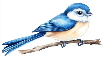 Obraz premium Cute blue bird perched on a branch in watercolor clip art style, isolated on a white background. High-detail vector illustration with pastel colors and professional color grading, creating a soft and 