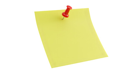 Yellow sticky post it note with red pushpin isolated on transparent background