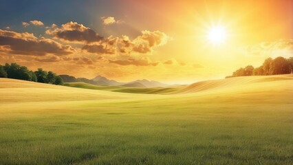 Obraz premium A panoramic view of a soccer field bathed in sunlight,