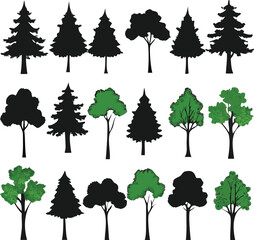 Tree silhouette and Tropical leaves vector isolated on white background.