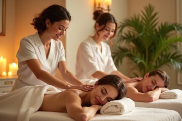 Relaxing spa treatment with professional therapists giving couples massage therapy, wellness and tranquility in a soothing environment with candles and soft towels in a peaceful spa setting.