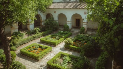 Sunlit Courtyard Garden with Geometric Flowerbeds and Lush Greenery