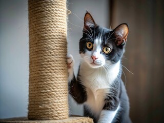 Minimalist Cat Scratching Post: Black and White Feline Playtime, Pet Care, Gray Room, Cute Kitty