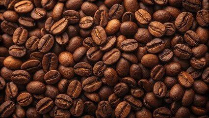 Obraz premium Close-up of roasted coffee beans with a rich texture and aromatic background