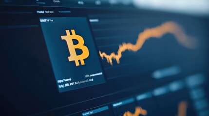 Close-up of cryptocurrency market trend with bitcoin token displayed on digital chart background representing financial growth.