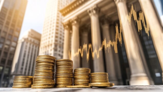 Stacks of gold coins in front of a city skyline with financial chart