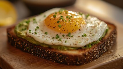 A golden canvas of toasted avocado, adorned with a perfectly poached egg, a symphony of textures and flavors, ready to be savored.